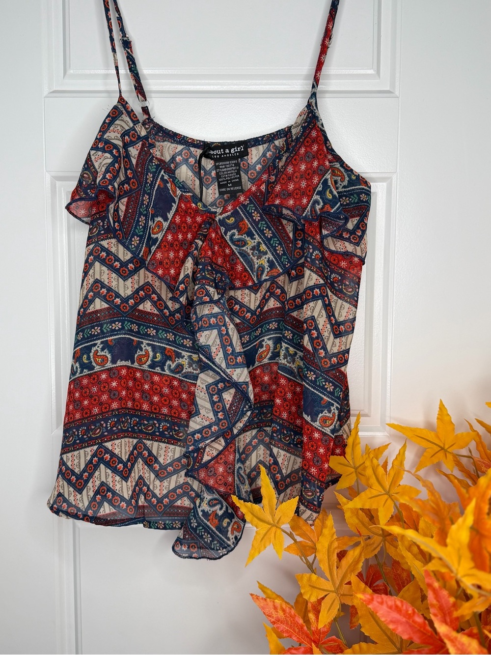 About A Girl Red, Navy & Cream Printed Ruffle-Front Camisole